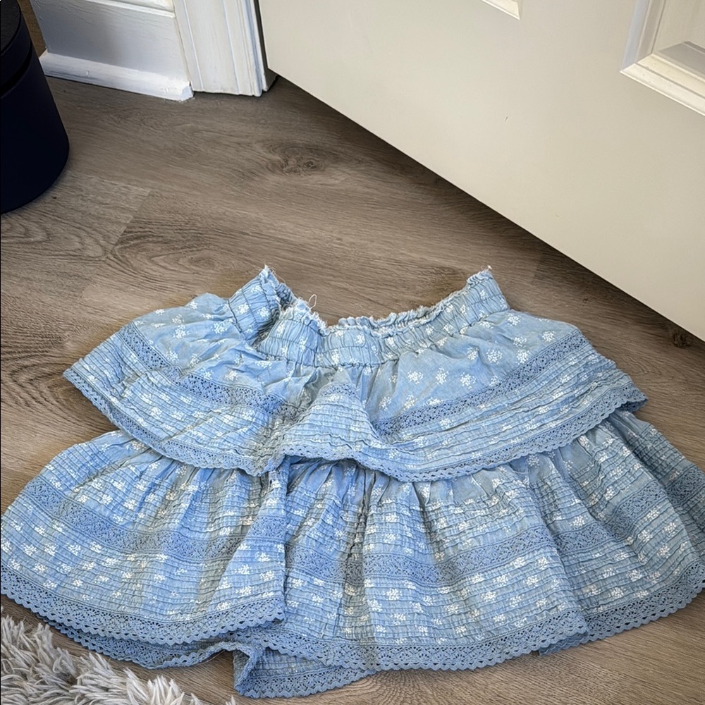 Blue Layered Skirt with White Patterns